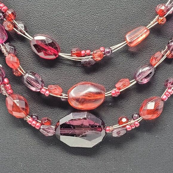 Multi Strand Necklace Maroon Burgundy Beaded Wire Illusion Choker Princess Glam - Picture 2 of 8